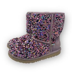 UGG Classic Stellar Sequin Lilac Purple Sparkles Boots Short Big Girls Size 4
